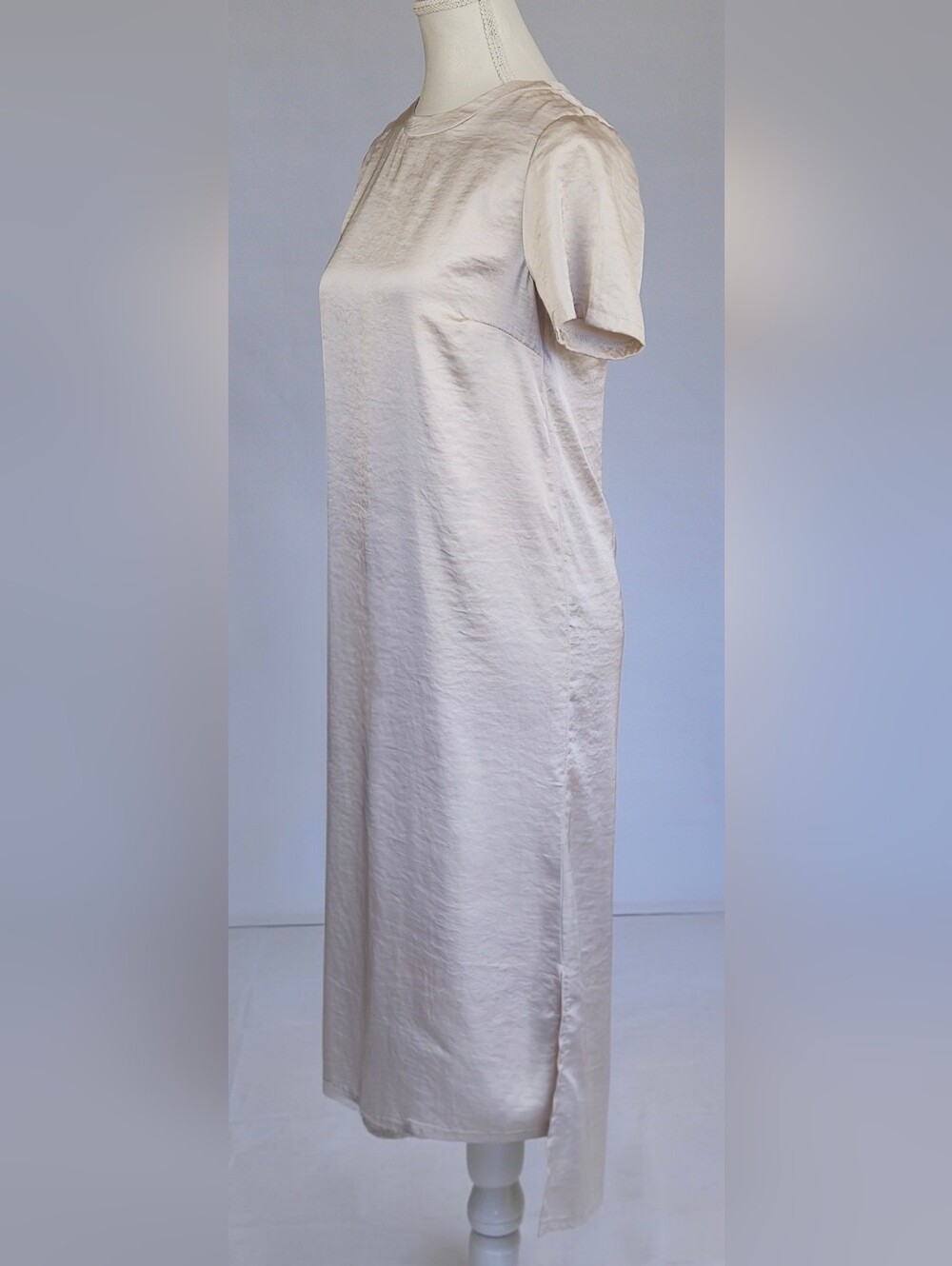 Greige Faux Silk Midi Dress | Minimalist Bridal Shift Dress - Picture 3 of 5